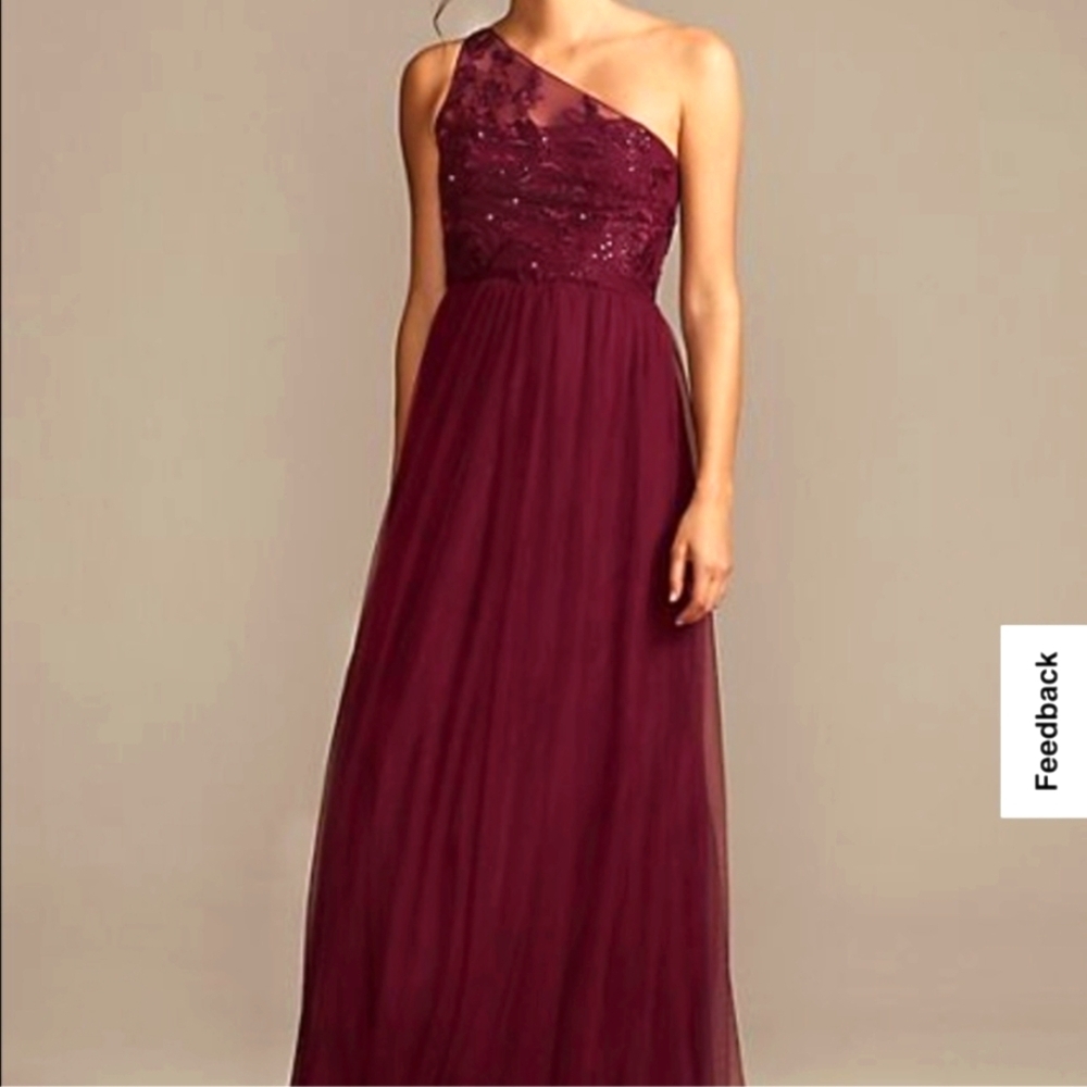 David's Bridal One-Shoulder Wine Tulle Evening Gown